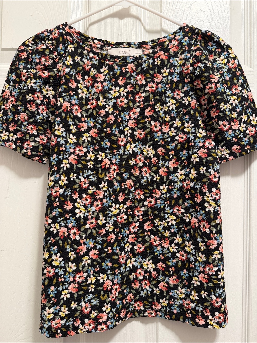 LOFT Black Floral Puff Sleeve Blouse with Coral, Yellow & Blue Accents